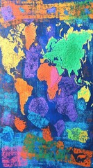 Poster - Colorful world map pattern in a mosaic style with diverse hues on a dark blue background