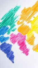 Poster - Abstract vibrant world map artwork with colorful scribbled lines on textured silvery background