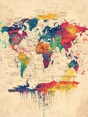 Poster - Colorful pixelated world map illustration with dripping effect on a textured beige background. Artistic representation of global geography and data visualization