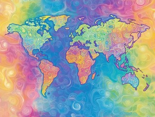 Poster - Colorful world map with textured effect in vibrant hues of rainbow colors against a swirling background design