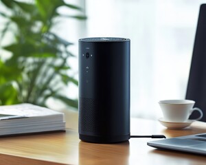 Poster - Smart speaker on a modern desk with minimalistic decor and soft natural lighting surrounding it