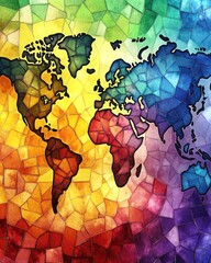 Poster - Colorful world map mosaic in vibrant hues reflecting global diversity and interconnectedness ideal for geography and travel concepts