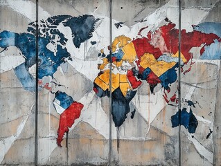 Poster - Colorful world map mural with paint drips on a concrete wall geometric design showing global continents. Artistic representation of Earth's geography and boundaries