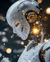 Poster - Futuristic robot with a glowing face illuminating the surrounding environment with its unique design