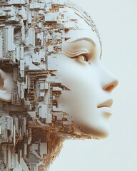 Poster - Close-up of a woman's head with a circuit piece imbedded in the hair representing technology