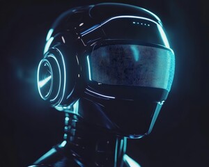 Poster - Stylish robot wearing headphones emphasizing modern technology and innovative design attributes