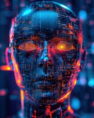 Poster - Robot with a glowing face emitting bright light in a darkened environment creating an enigmatic atmosphere
