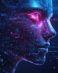 Poster - Man's face surrounded by a complex circuit pattern in the background signifying advanced technology