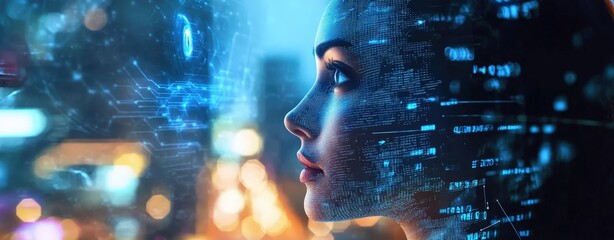 Poster - Woman's face highlighted by a futuristic interface displaying advanced technology and digital concepts