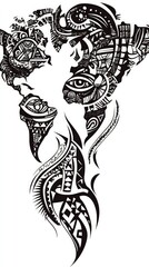 Poster - Intricate black and white tribal artwork with eye motifs and detailed patterns. The design features swirling lines and geometric shapes creating a complex aesthetic