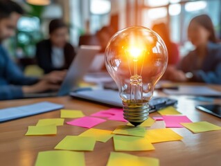 Poster - Light bulb glowing with ideas amidst a busy office brainstorming session