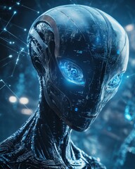 Poster - Futuristic humanoid character with a sleek and advanced face design embodying modern technology