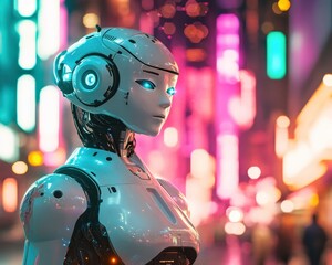 Poster - Robot standing in a thriving urban environment with busy streets and dynamic city life all around
