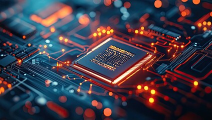 Close-up of a processor on a circuit board with glowing lines; technology background