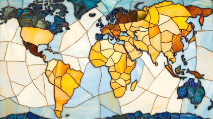 Poster - Stained glass map artwork with detailed mosaic effect illustrating continents and oceans in vivid colors