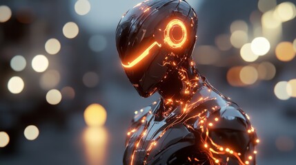 Poster - Futuristic robot with a glowing face illuminated by soft light in a high-tech environment