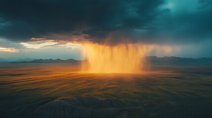 Poster - Heavy rain cascades over the vast high mountain plateau as the sun sets, painting the sky with dramatic hues. A captivating display of nature unfolds, blending moisture and light