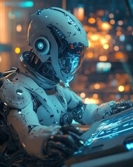 Poster - Robot working concentrated on a laptop in a modern office environment with futuristic elements