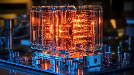 Poster - High-tech circuit board featuring glowing orange light elements highlighting advanced technology