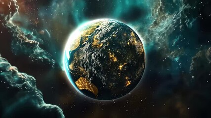 Wall Mural - planet earth rotates through space showcasing vibrant lands and oceans against a cosmic backdrop, pl