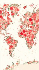 Poster - World map formed by floral arrangement in varying shades of red and green against beige background. Pixelated artistic representation
