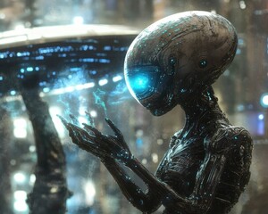 Poster - Humanoid figure wandering through a futuristic cityscape showcasing advanced urban architecture