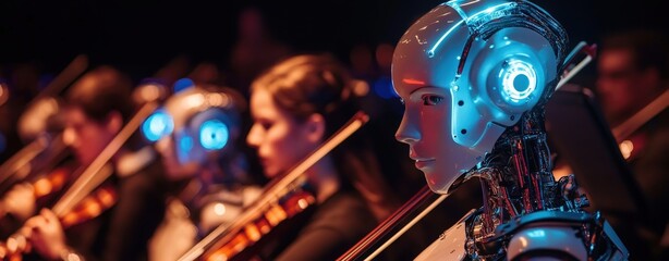 Poster - Futuristic robot with headphones on displaying a unique blend of technology and modern culture