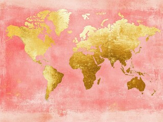 Poster - Golden world map on a pink textured backdrop with grunge effect featuring continents rendered in gold showing global geography