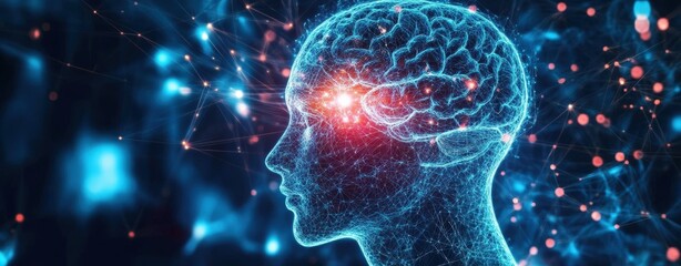 Poster - Human head with bright red light emanating from the brain symbolizing creativity and innovation
