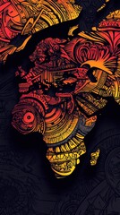 Poster - Detailed illustration of a world map with intricate patterns in shades of orange yellow and dark gray