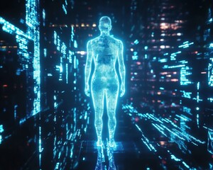 Poster - Man strolling through a vibrant, futuristic cityscape with tall buildings and neon lights