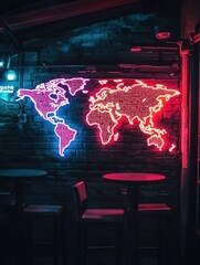 Poster - Neon world map on brick wall with table and chairs in dark bar. Red and blue lights create a vibrant atmosphere