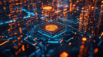 Poster - Circuit board illuminated by a glowing orange light creating a futuristic and vibrant aesthetic