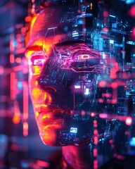 Poster - Robot face illuminated by a red light creating a striking visual contrast against a dark background