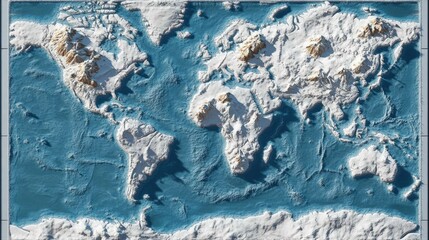 Poster - Topographic world map in white blue and sand color depicts continents and oceans in a textured relief style