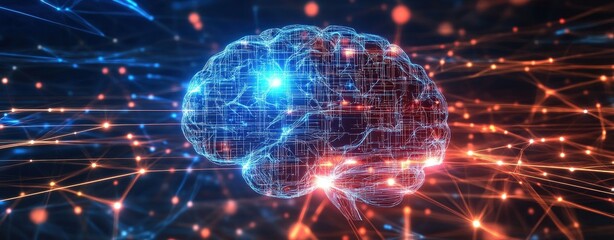 Poster - Intricate human brain illuminated by blue and red lights symbolizing advanced cognitive functions