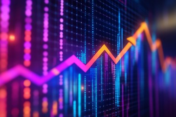 Poster - Brightly colored stock market chart showing upward trend with vibrant background lights at night