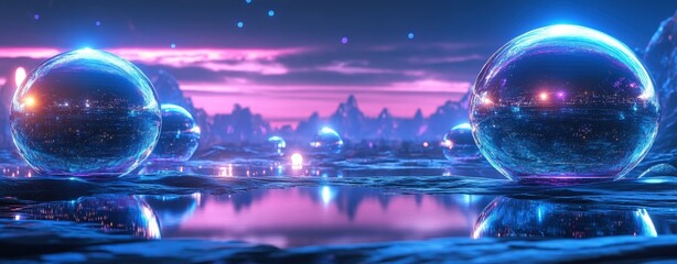 Poster - Two shiny metallic spheres floating gracefully in a calm pool of water reflecting their glimmering