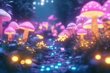 Aufkleber - Colorful bioluminescent mushrooms illuminate a mystical forest pathway at night