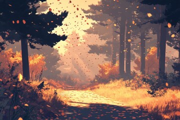 Poster - Autumn path through a serene forest with colorful leaves gently falling during sunset