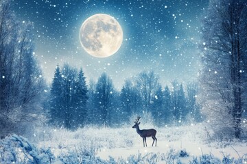 Poster - Snowy landscape features a deer standing beneath a bright full moon in a serene winter night scene