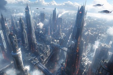 Poster - Futuristic cityscape featuring towering skyscrapers against a cloudy sky with flying vehicles soaring above urban landscape