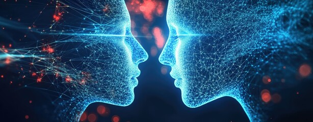 Poster - Two people's faces connected by a network of lines and dots representing digital communication