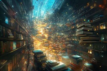 Poster - Stunning surreal library filled with glowing books and a radiant light source illuminating the space