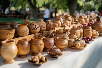 Poster - Crafted wooden and clay pottery displayed at a vibrant artisan market in a sunny outdoor setting