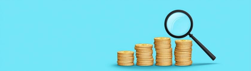 Poster - Business Expansion Concept with Stacks of Coins and Magnifying Glass on Blue Background