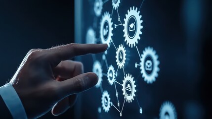 Poster - Business Strategy Concept Presentation with Gears and Hand Touching Digital Interface