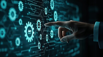 Poster - Business Strategy Concept with Businessman in Suit Interacting with Digital Technology Elements