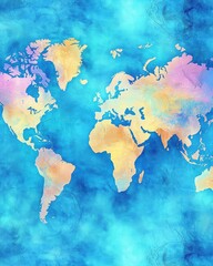 Poster - Watercolor world map with gold and pastel hues on a turquoise background abstract design