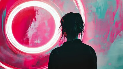 Poster - Neon circle illuminates dynamic white shapes in an artistic display at night, neon circle over white shapes moving